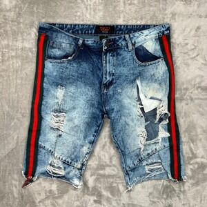 Rage of a Rebellion Men's Distressed Acid Wash Denim Shorts with Stripes Size 38